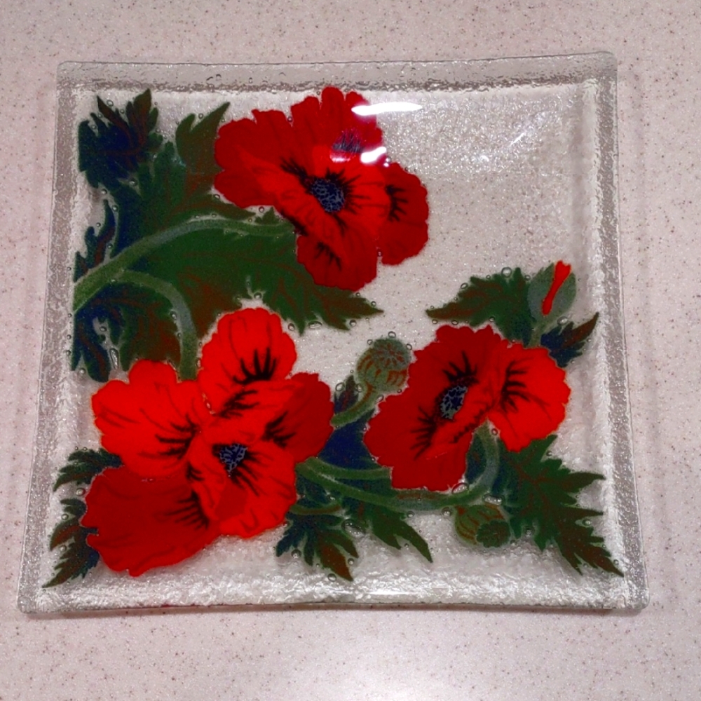 Peggy Karr Square Fused Glass Plate with Red Poppies Design